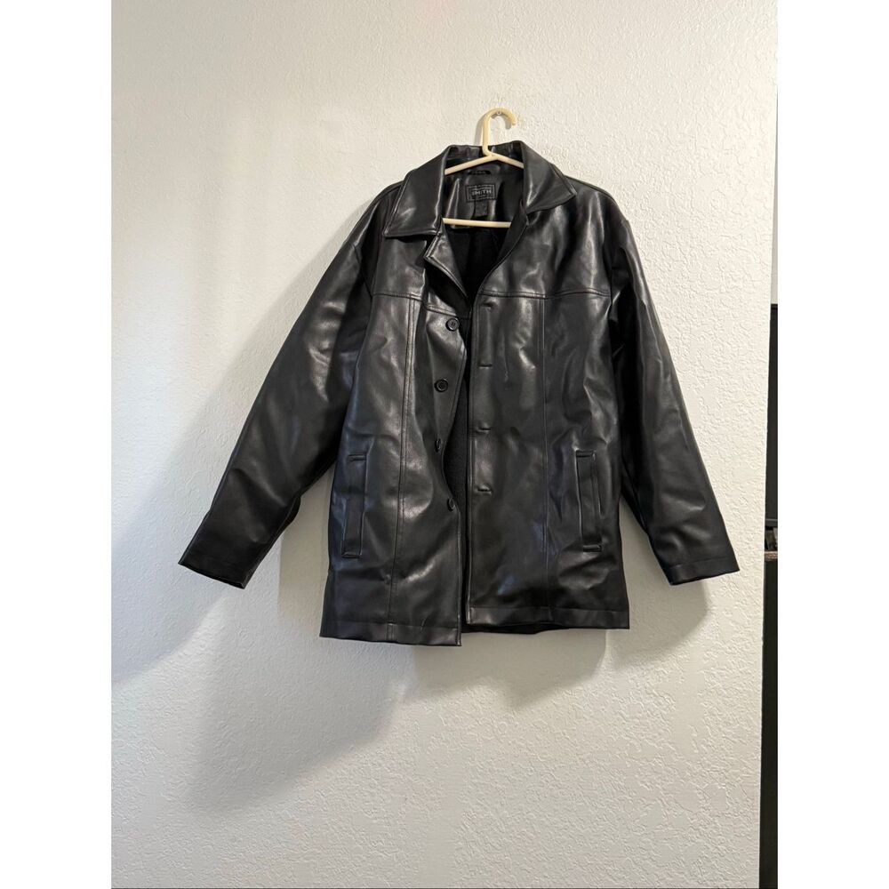 Whispering Smith Sz L Faux Leather Vegan Jacket Faux‎ Fur Lined Black Unisex